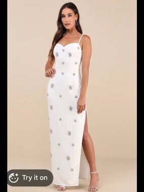 Lulus White Embellished Spaghetti Strap Evening Dress